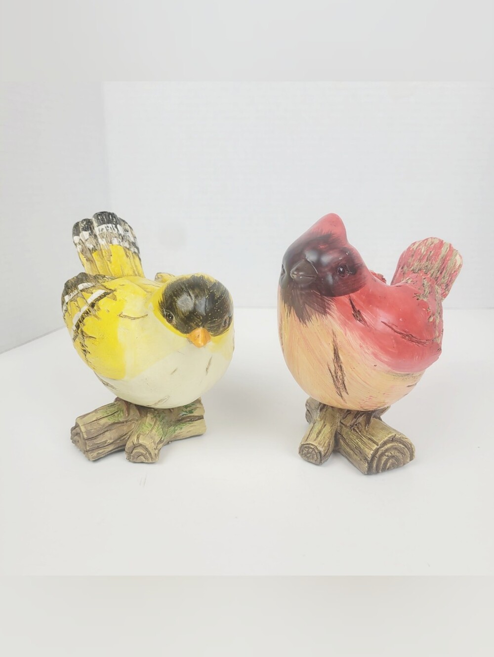 Vtg Cast Resin Faux Wood Perched Birds~Red Cardinal~American Goldfinch~Set Of 2